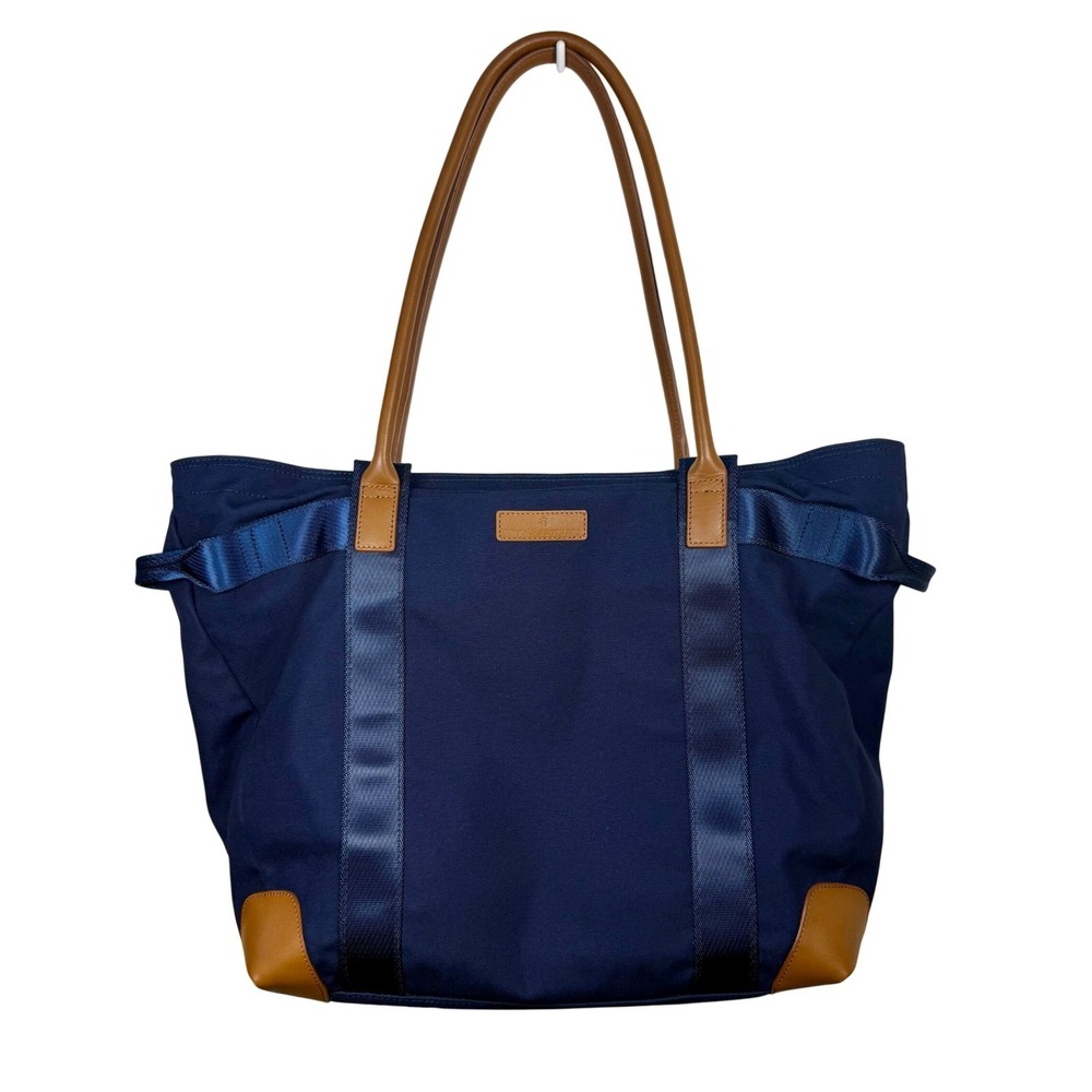 Brooks Brothers Navy Canvas Leather Zip Travel Tote Bag Plaid Lining Nautical